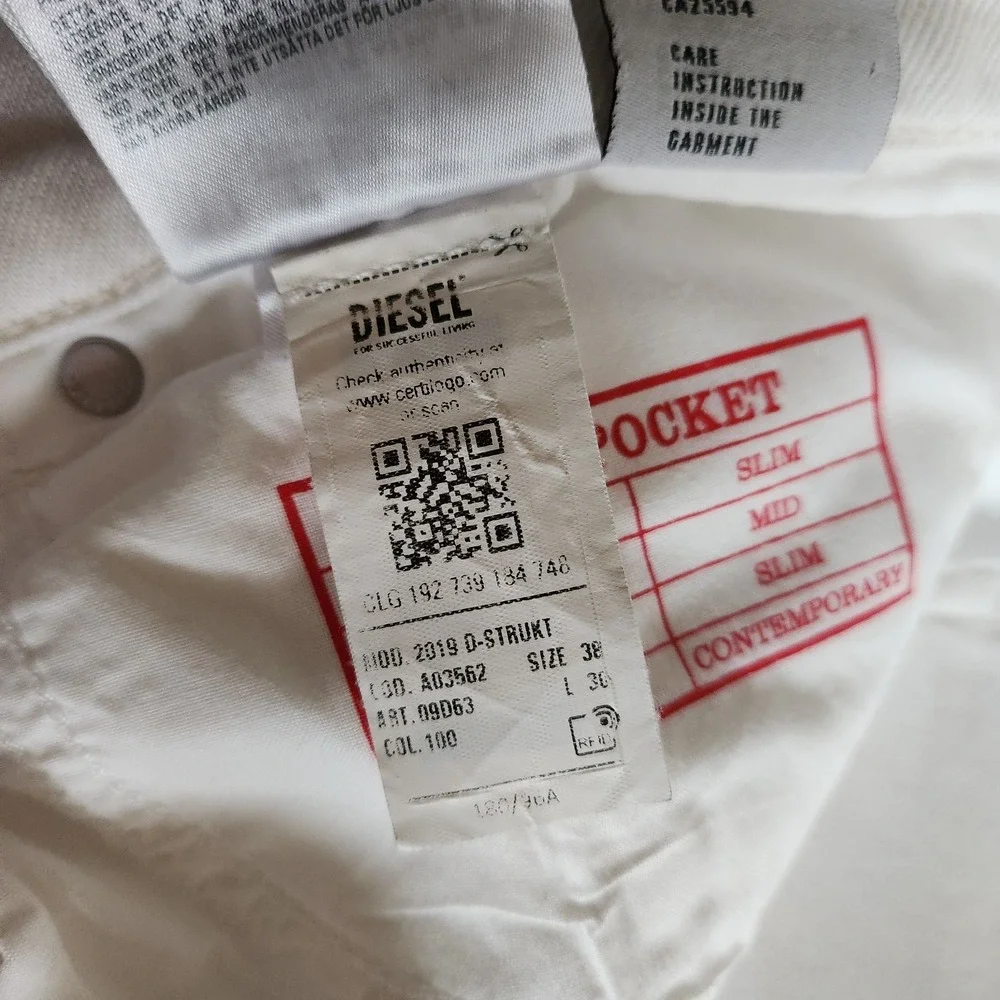 DIESEL 2019 D-Strukt 09F26 Men Jeans W38/L30 White Slim‎ Fit Zip Fly Denim